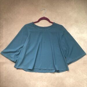 NWOT Muted Blue Mini Pom Pom Detail Embellished Blouse Flowy Boho Festival XS S